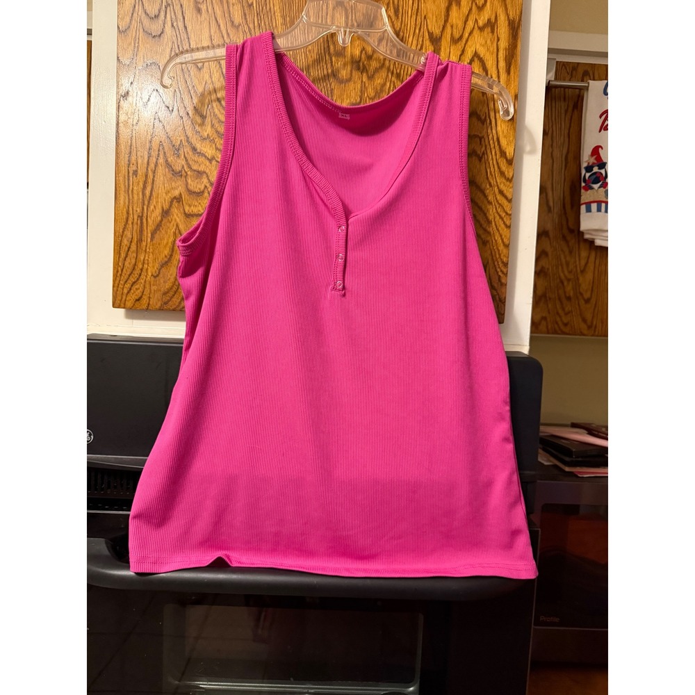 Unbranded Hot Pink Ribbed Henley Tank Top Sleeveless Snap Neck Fuchsia XL